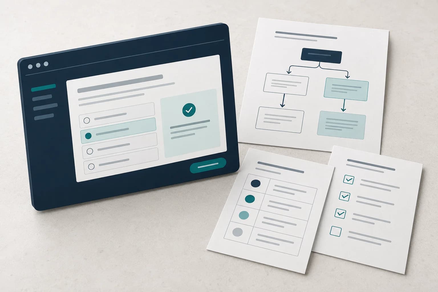 Illustration of a browser learning module beside a storyboard, scoring guide, and setup checklist