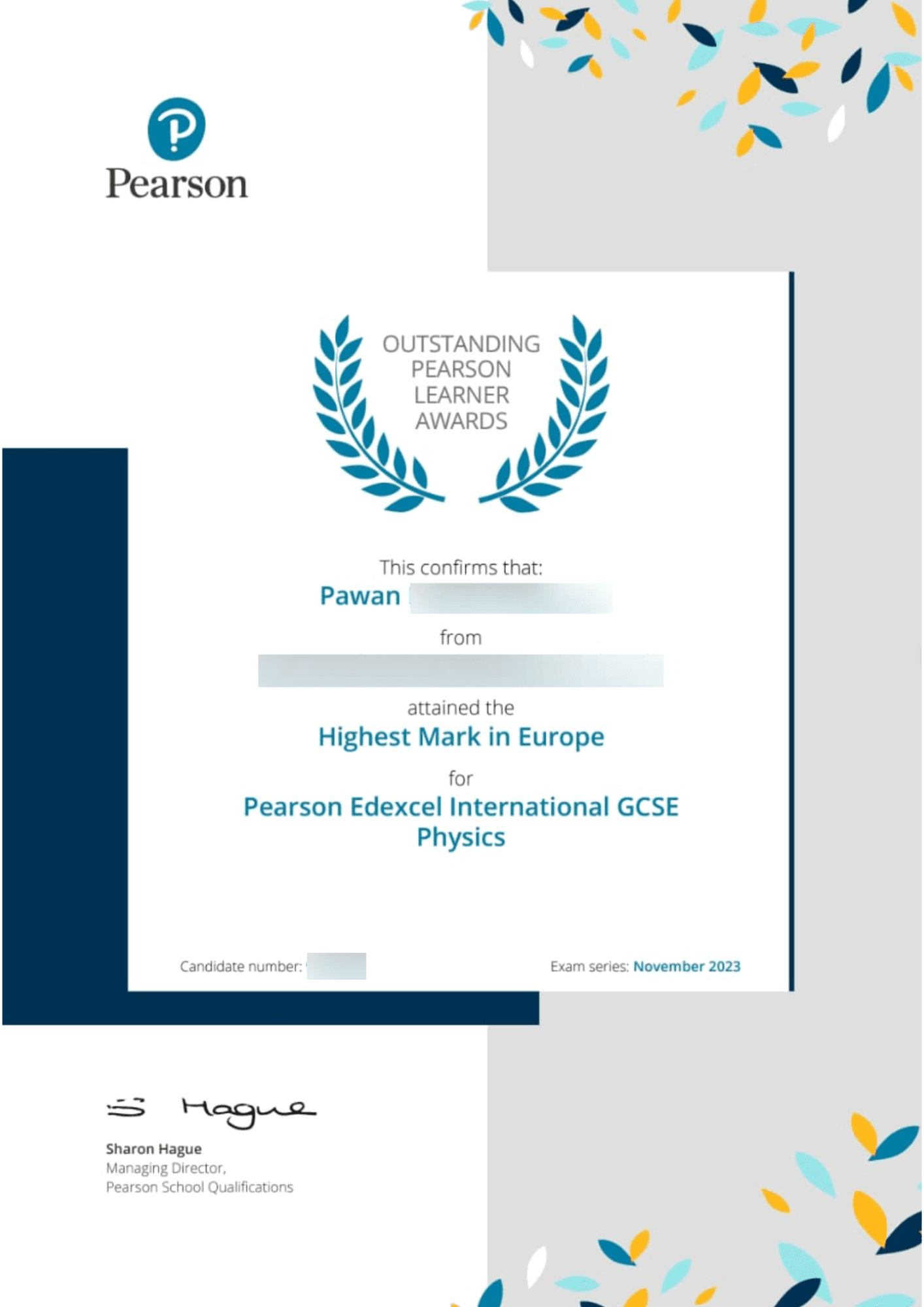 Privacy-blurred Pearson achievement certificate showing Highest Mark in Europe recognition for a ScienceDojo student.