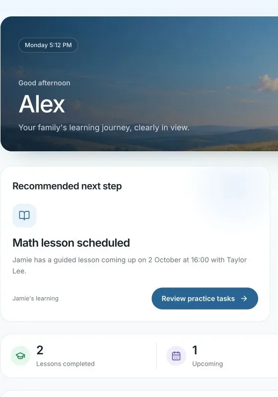 Parent dashboard showing a scheduled Maths lesson and Jamie's recent lesson count, with sample data