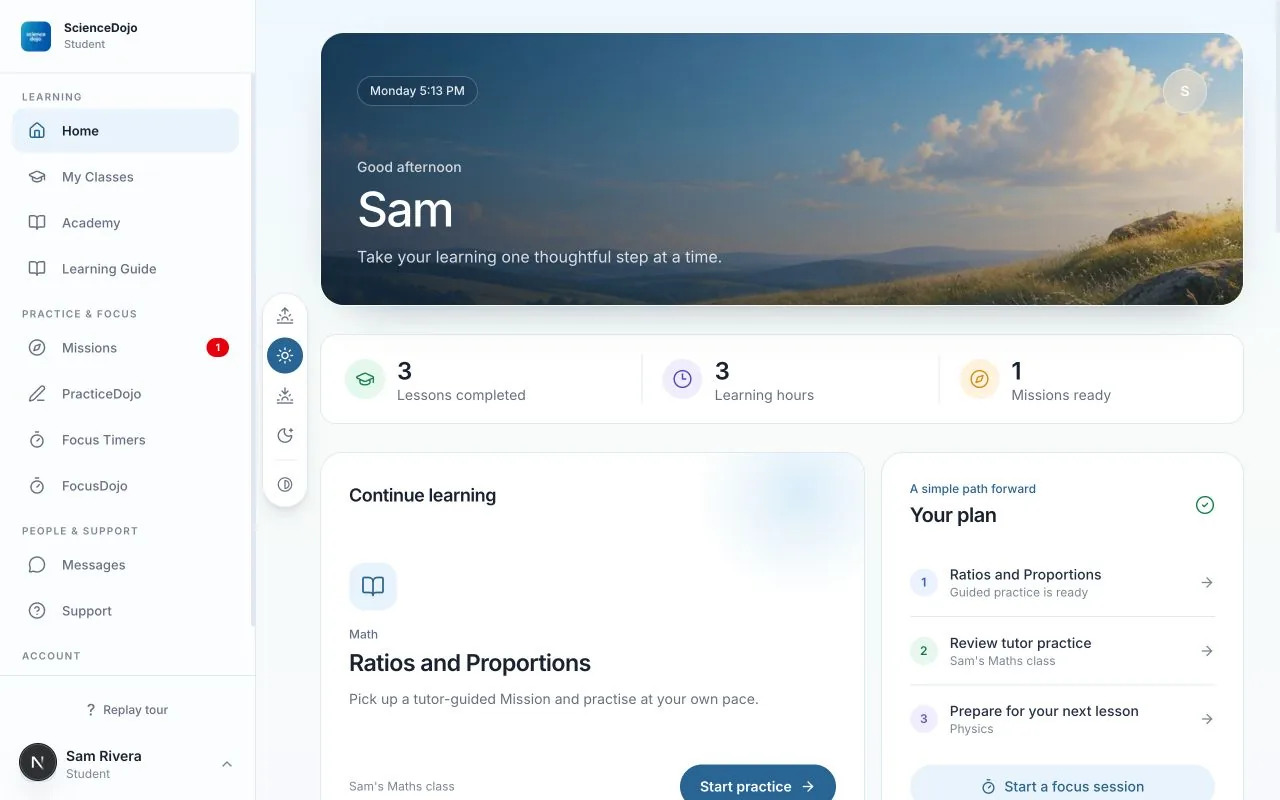 ScienceDojo student dashboard showing sample lessons, assignments, and learning activity