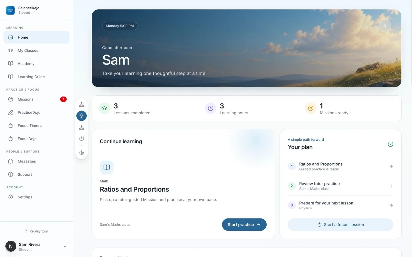 Student dashboard showing lesson progress and a Ratios and Proportions Mission, with sample data